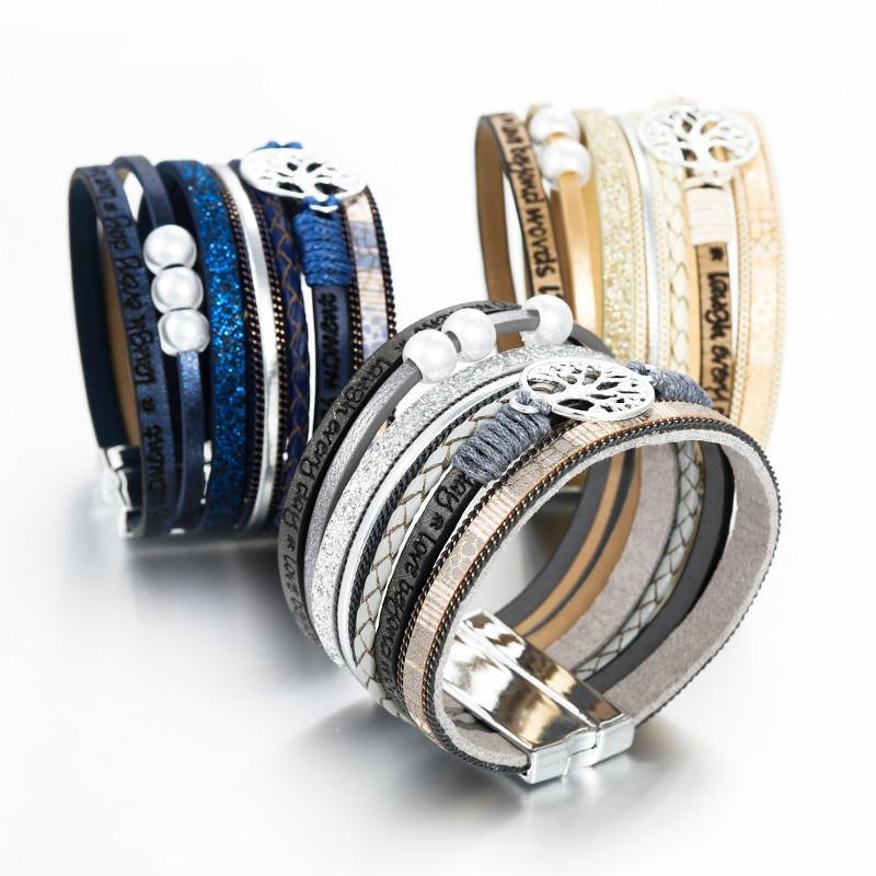 Handmade Luxury Fashion Modern Amazing Charm Pearl Life of tree Leather Bracelets For Women And Man