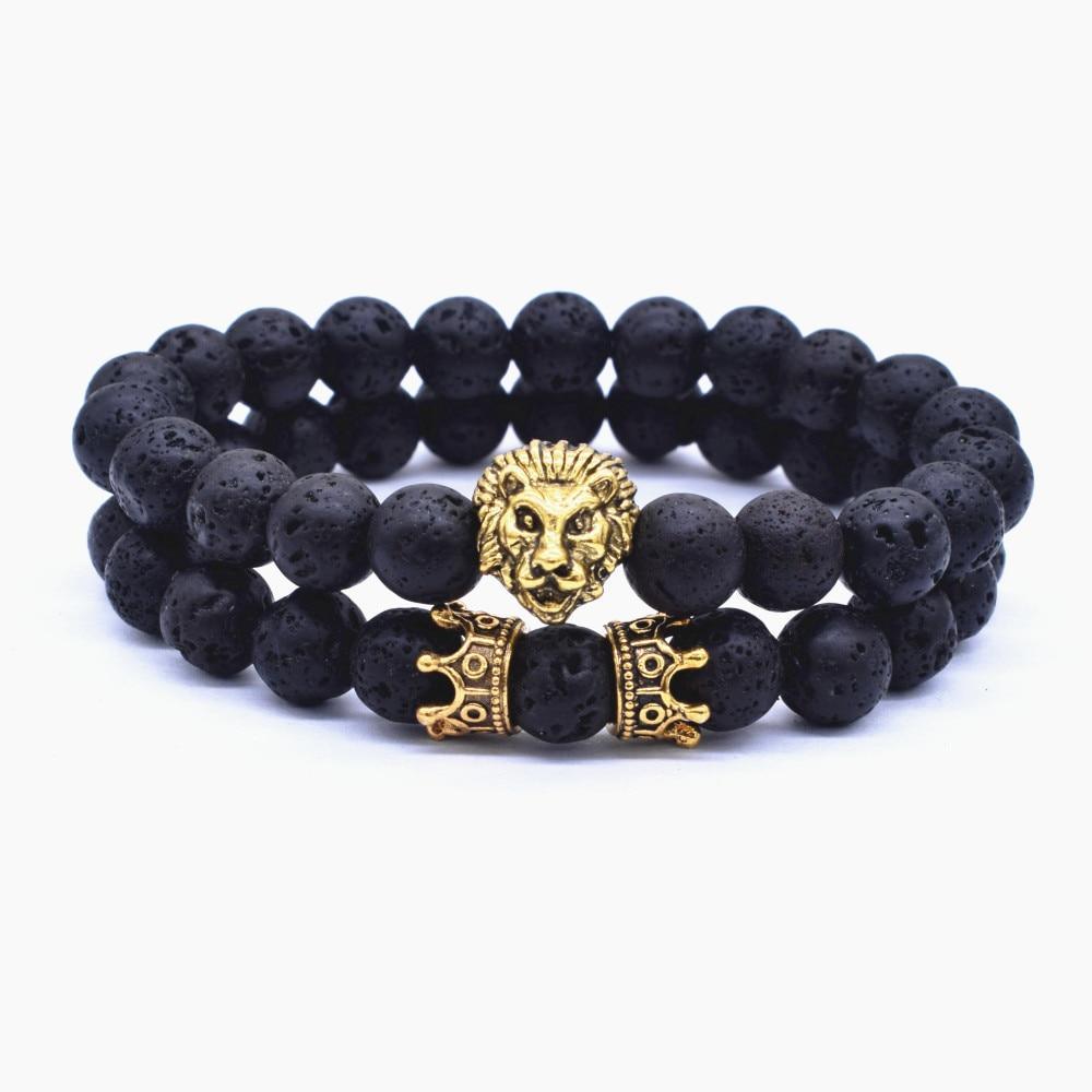Classic Vintage Elegant Lion Head and Luxury Crown Charm Bracelet Natural Lava Stone Beads Amazing Bracelet Great For Men Fashion Jewelry