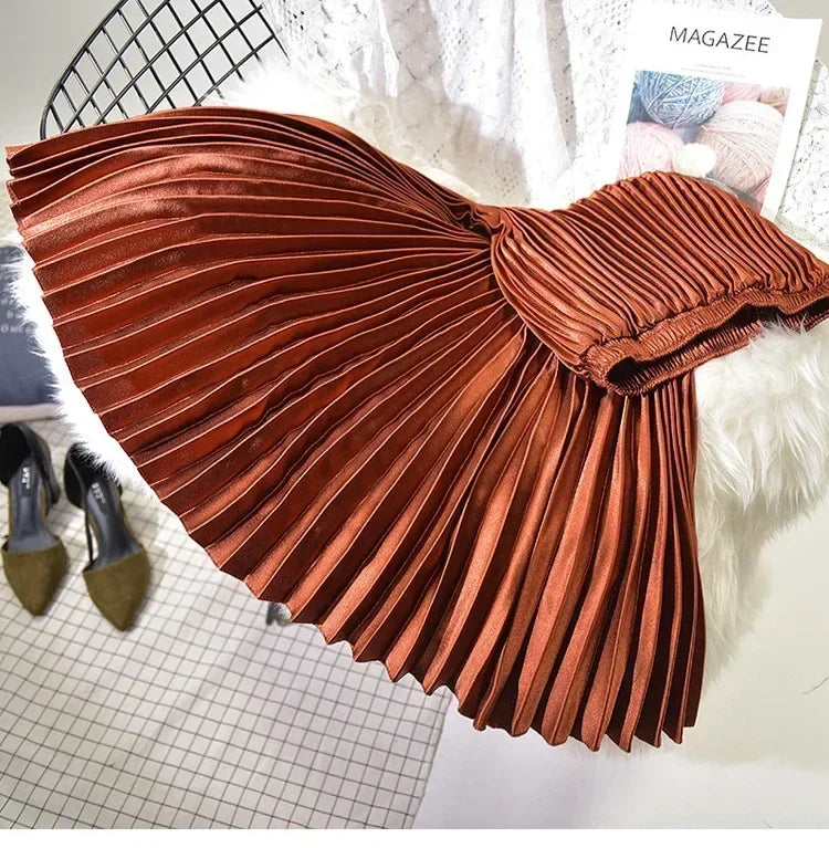 Classic Golden Velvet Pleated Skirt High Waist Retro Style Fashion Office Lady Pleated Long Skirt Winter Velvet Skirt 90cm Long