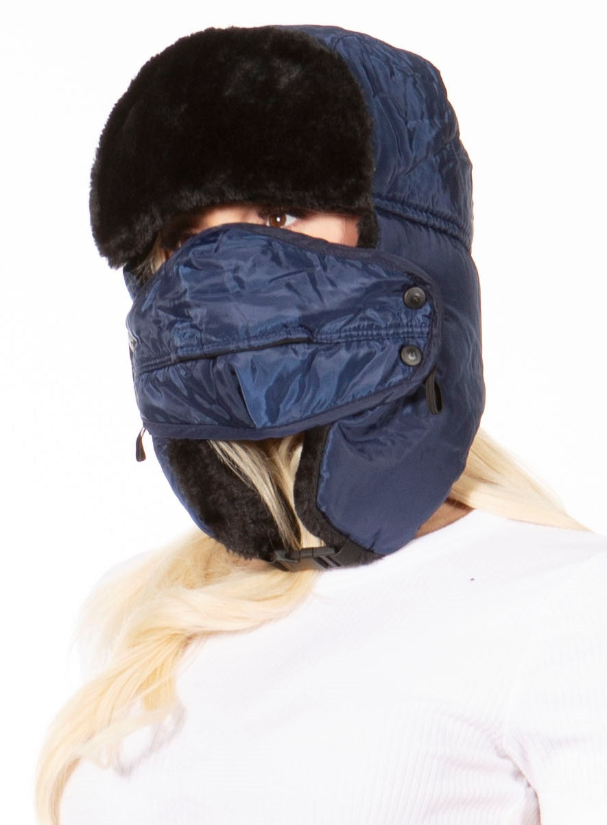 Sakkas Esty Ushanka Trapper Hat Adjustable Buckle Faux Fur Lined Winter Aviator Russian Hat Removable Mask for Men & Women