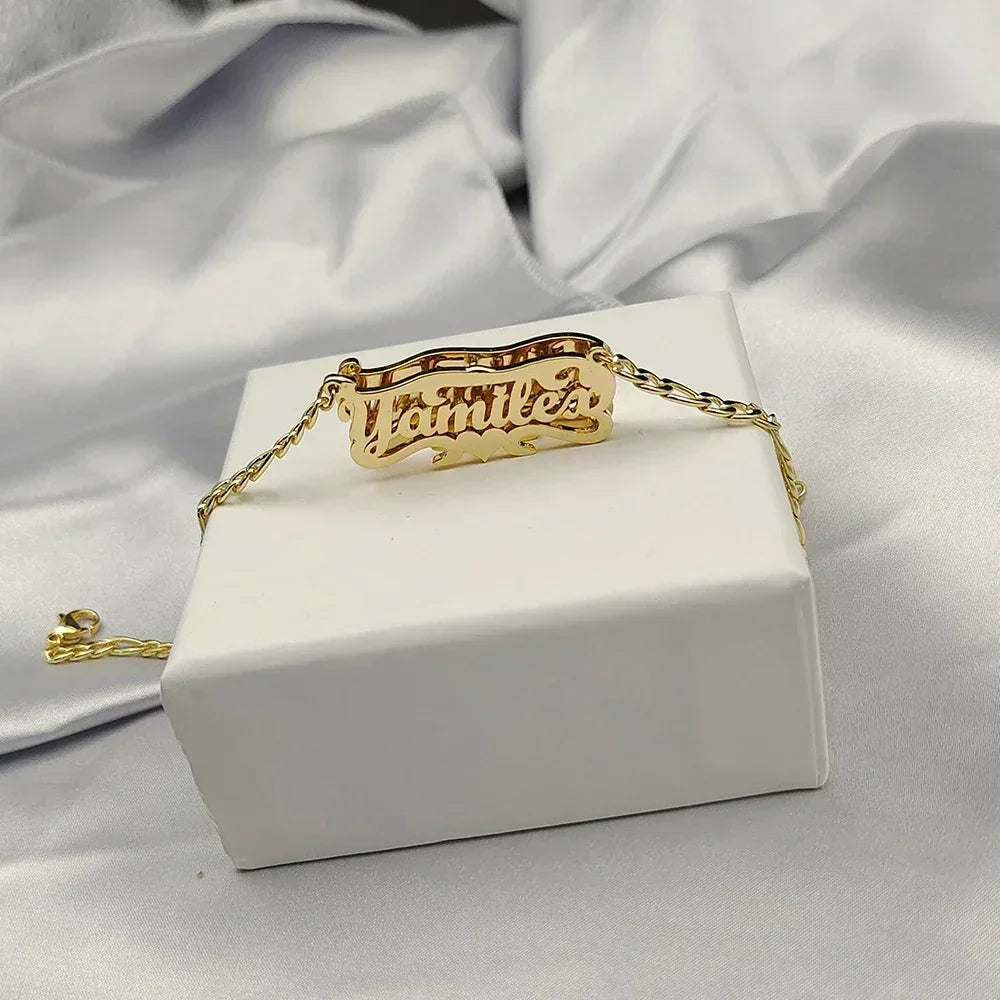 Custom Name Necklace - 3D Engraved Stainless Steel - Heart Figaro Chain