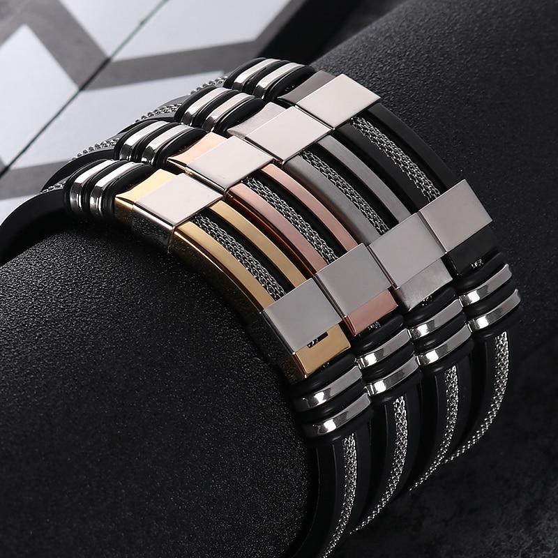 Stainless Steel Silicone Bracelet Men Jewelry Wrist Band Punk Style  Men Rubber Charm Brecelet