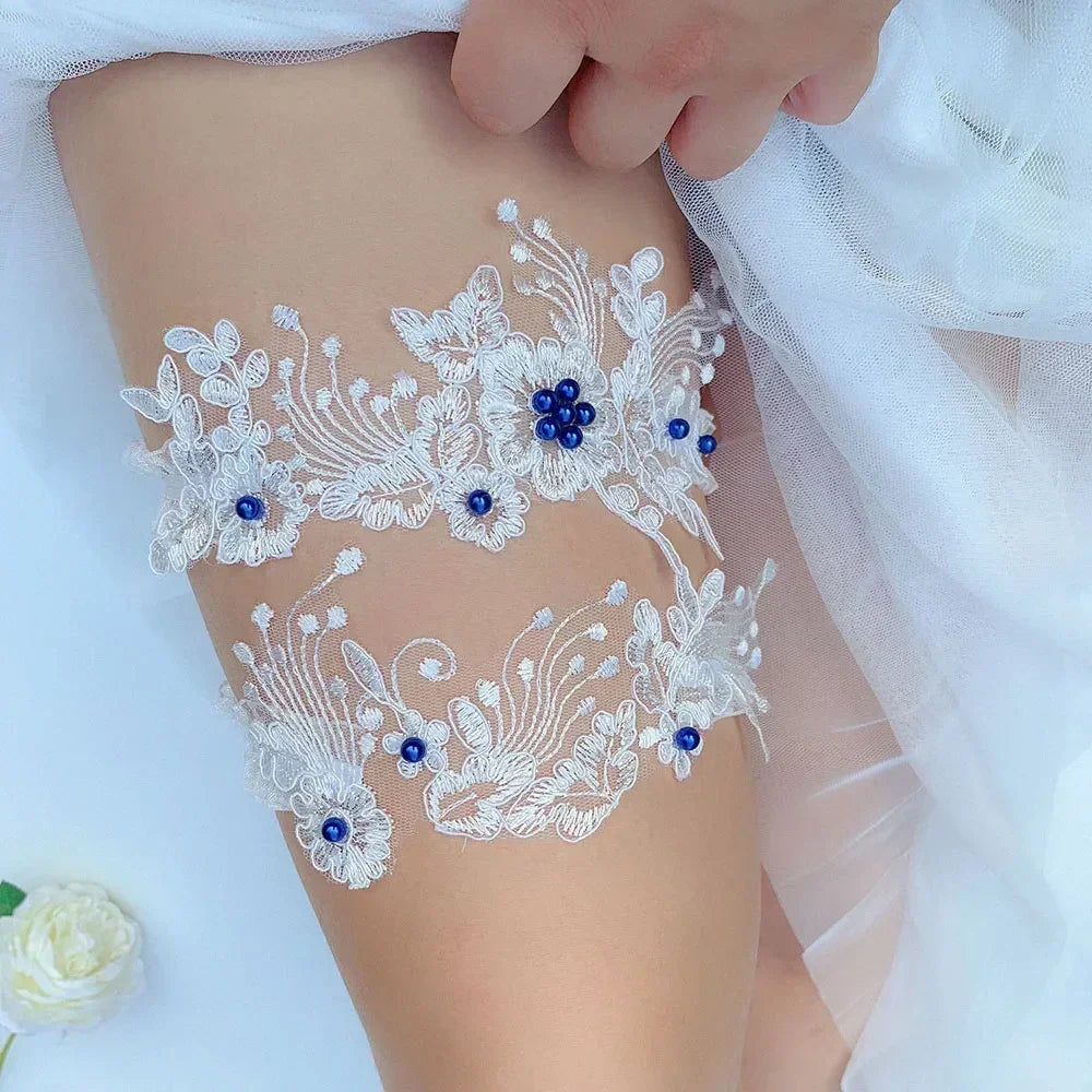 K03 2 PCS Sexy Lace Flower Crystal  Pearls Wedding Garter Belt Thigh Ring Bridal Leg Garter Stocking Garter Belt Girl Women