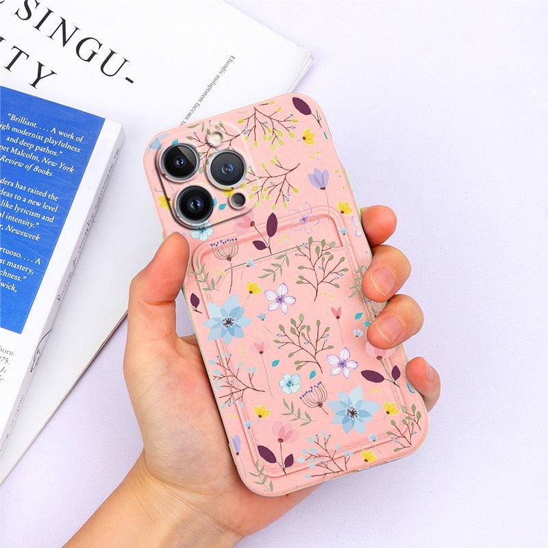 Charming Silicone Soft Anti-Scratch Cases For iPhone 13 Pro Max Case Silicone Wallet Card Holder Cover For iPhone 13 Mini 13ProMax 13Pro Flower Butterfly Beautiful Design Card Holder iPhone Case