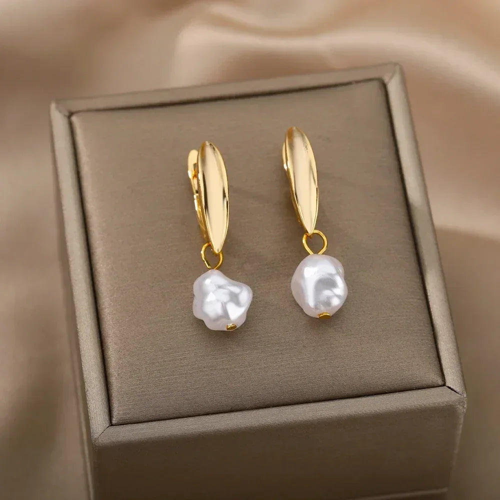 Circle Earrings For Women Vintage Punk Round Baroque Pearl Earrings Stainless Steel Circle Ear Clip Women Jewelry Gift Mujer