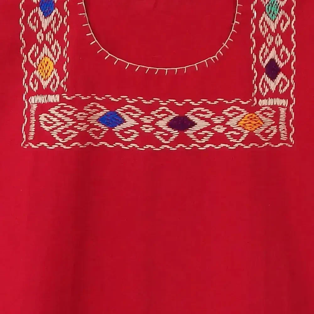 Red Blouse Huipil with Colorful Hand Stitched on