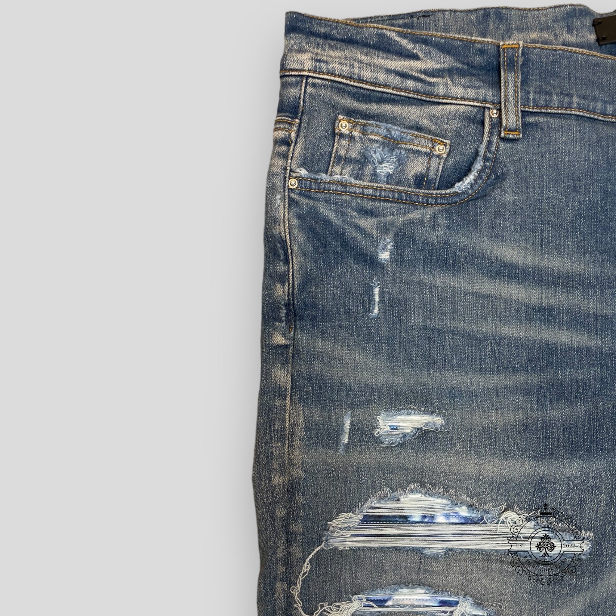 Amiri Tie Dye Bandana Thrasher Jeans in Clay Indigo