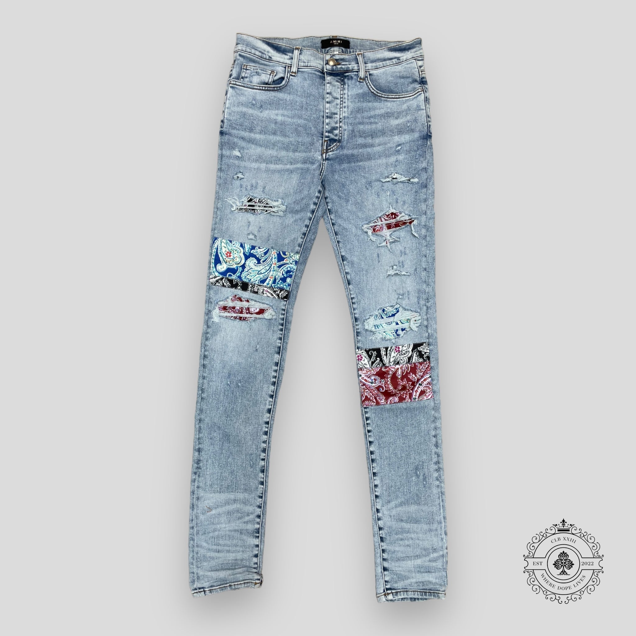 Amiri Pajama Art Patch Jeans in Light Vintage