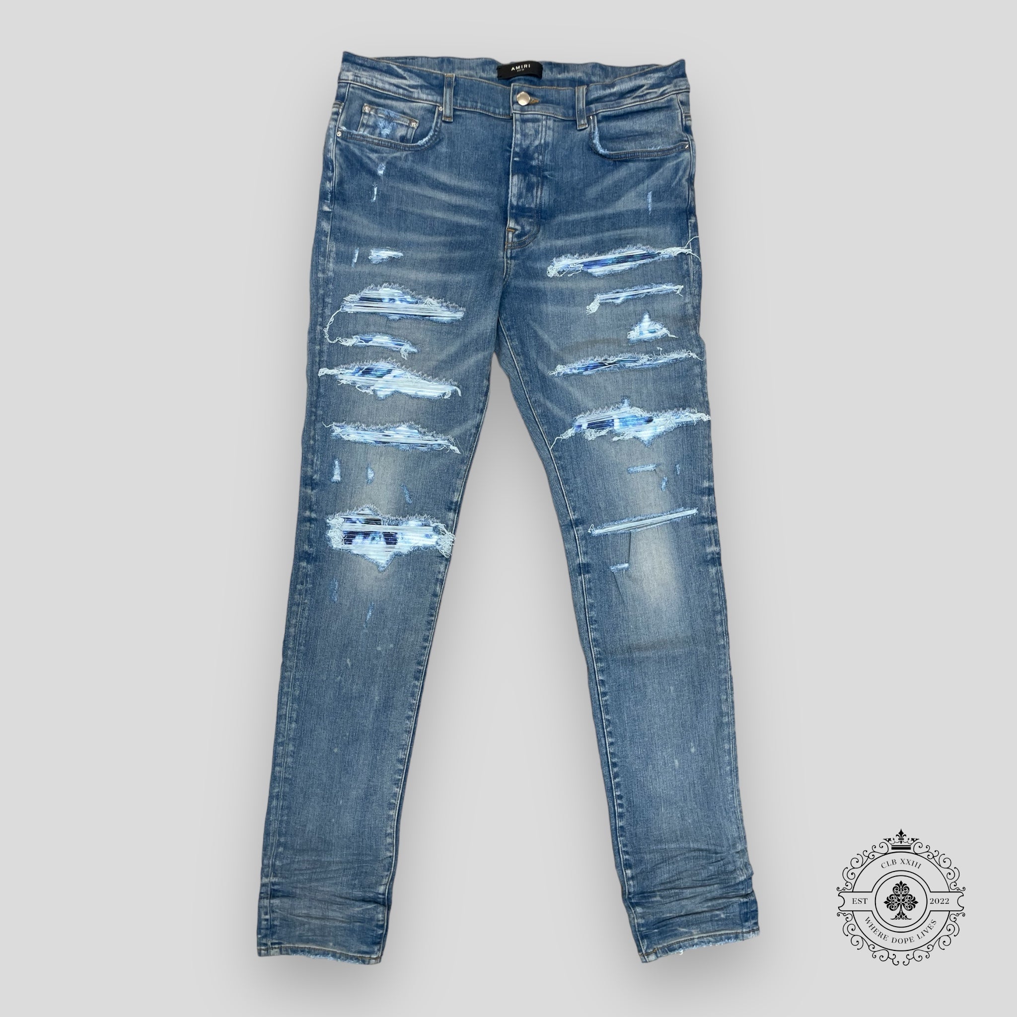 Amiri Tie Dye Bandana Thrasher Jeans in Clay Indigo
