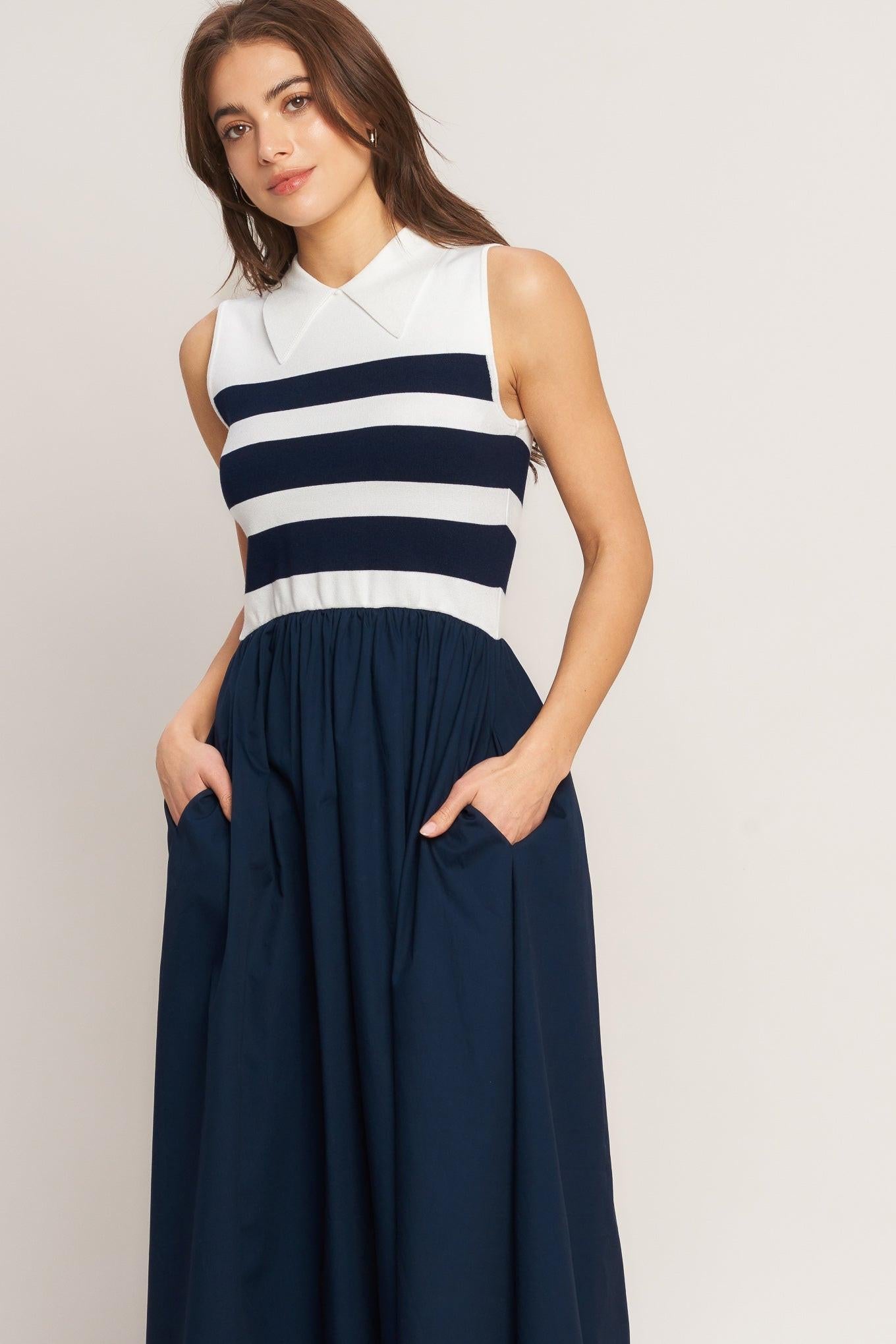 STRIPE ELEGANCE SWEATER WOVEN MIDI DRESS