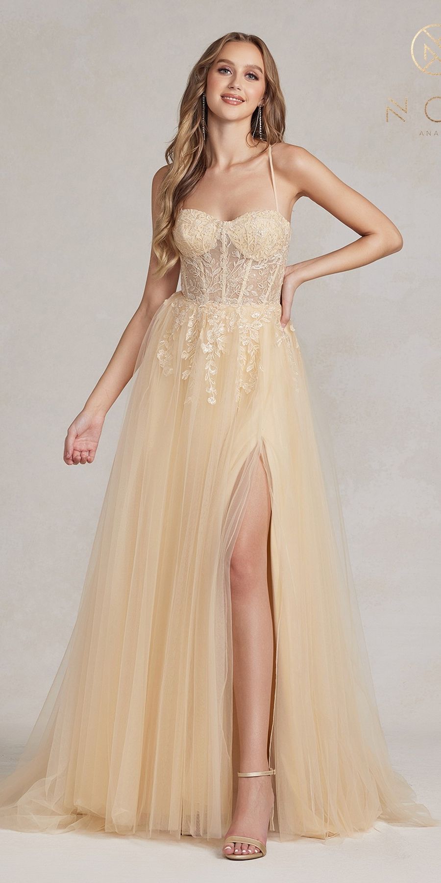 Nox Anabel J1089 Floor Length A-Line Tulle Gown with Slit