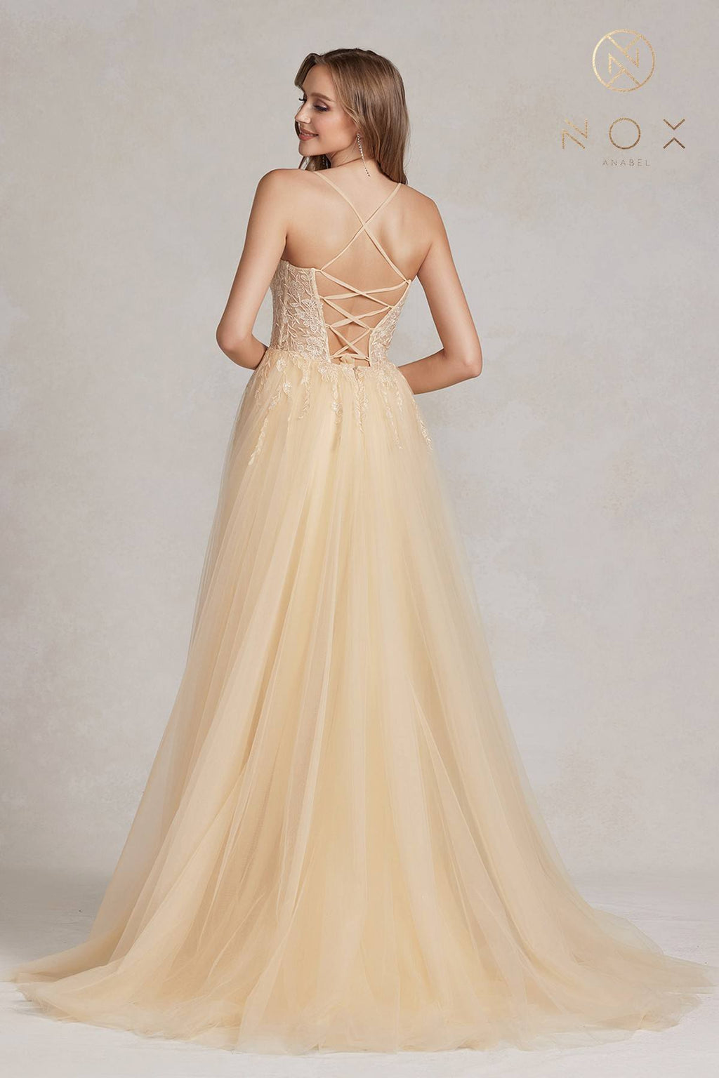Nox Anabel J1089 Floor Length A-Line Tulle Gown with Slit