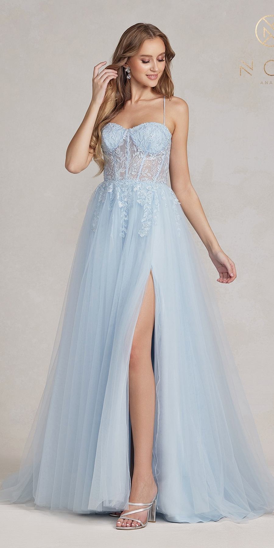Nox Anabel J1089 Floor Length A-Line Tulle Gown with Slit