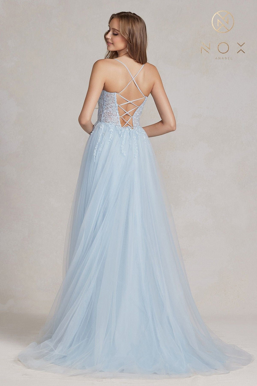 Nox Anabel J1089 Floor Length A-Line Tulle Gown with Slit