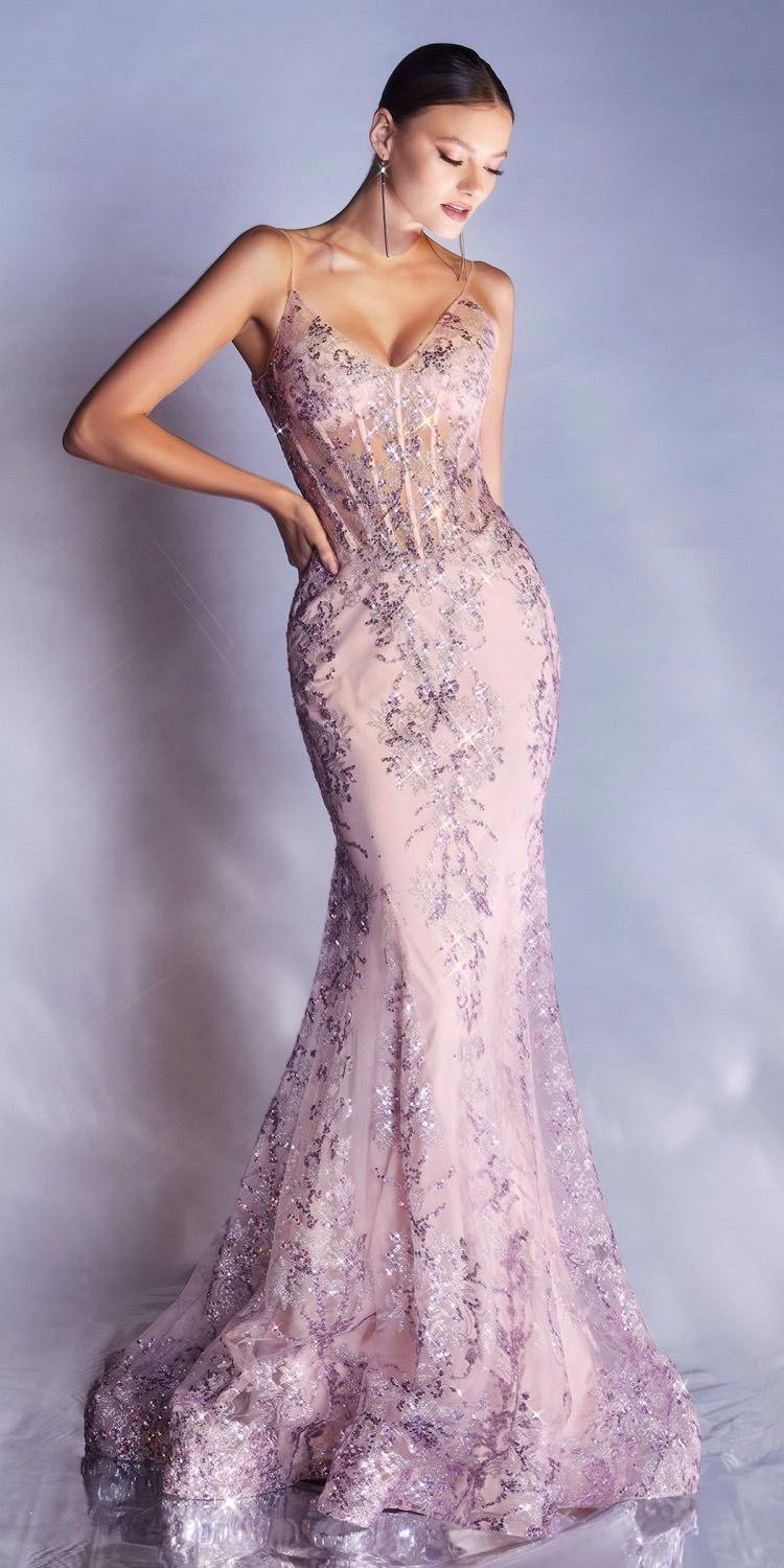 Ladivine J810 Long Fitted Floral Glitter Print Corset Gown