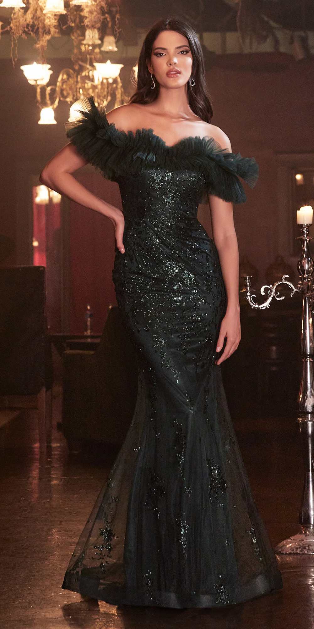 Cinderella Divine J818 Gathered Tulle Off the Shoulder Fitted Gown