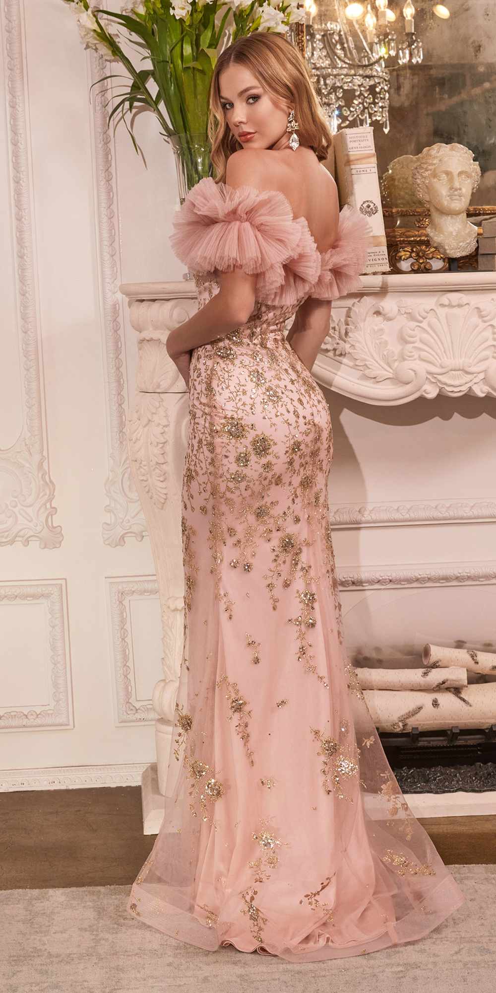 Cinderella Divine J818 Gathered Tulle Off the Shoulder Fitted Gown