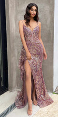 Ladivine J856 Floor Length Fit and Flare Glitter Print Gown Side Peplum