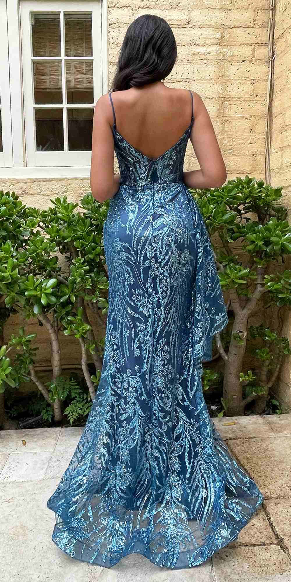 Ladivine J856 Floor Length Fit and Flare Glitter Print Gown Side Peplum