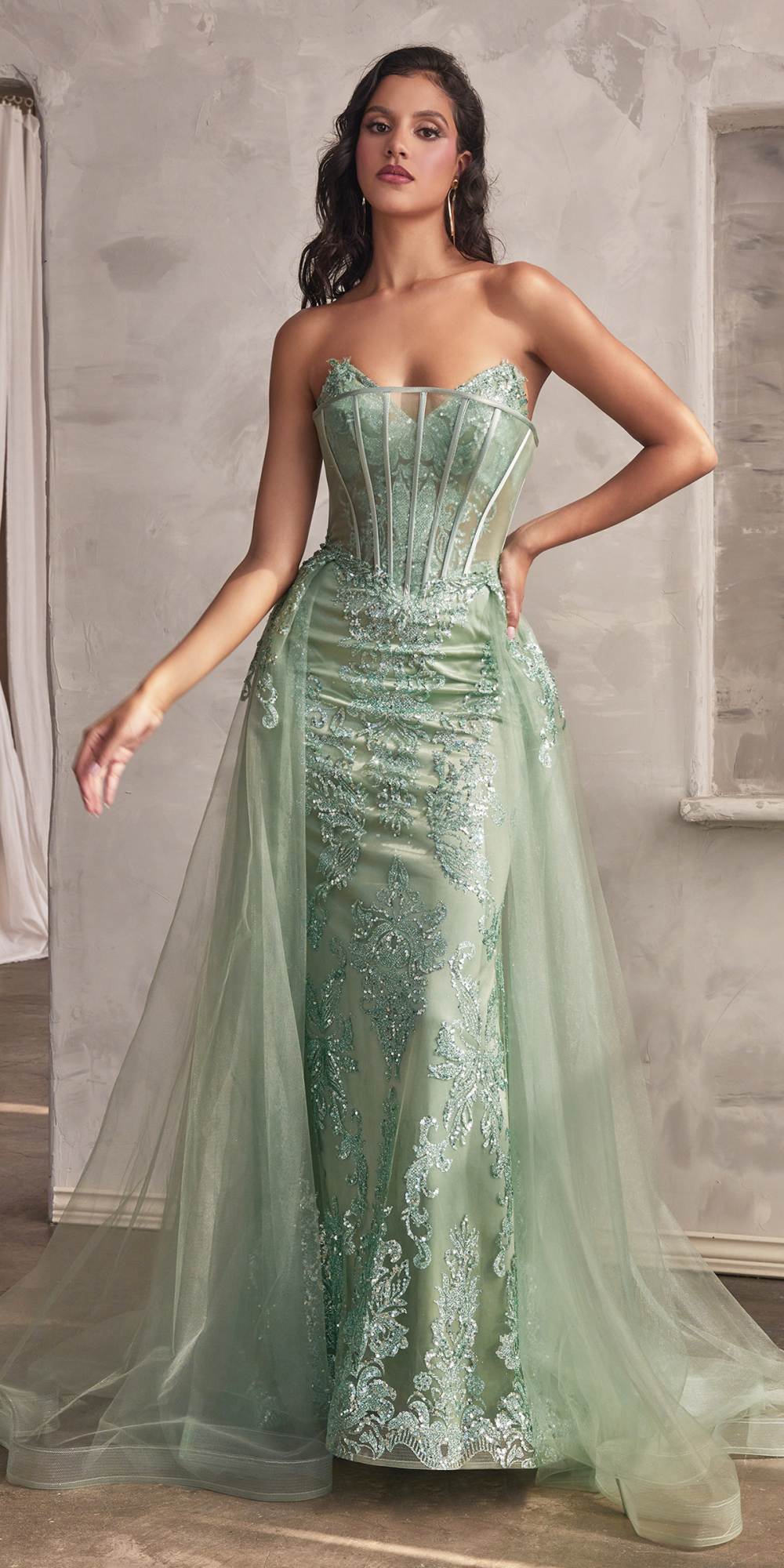 Cinderella Divine J858 Long Strapless Glitter Mermaid Gown Removable Tulle Skirt