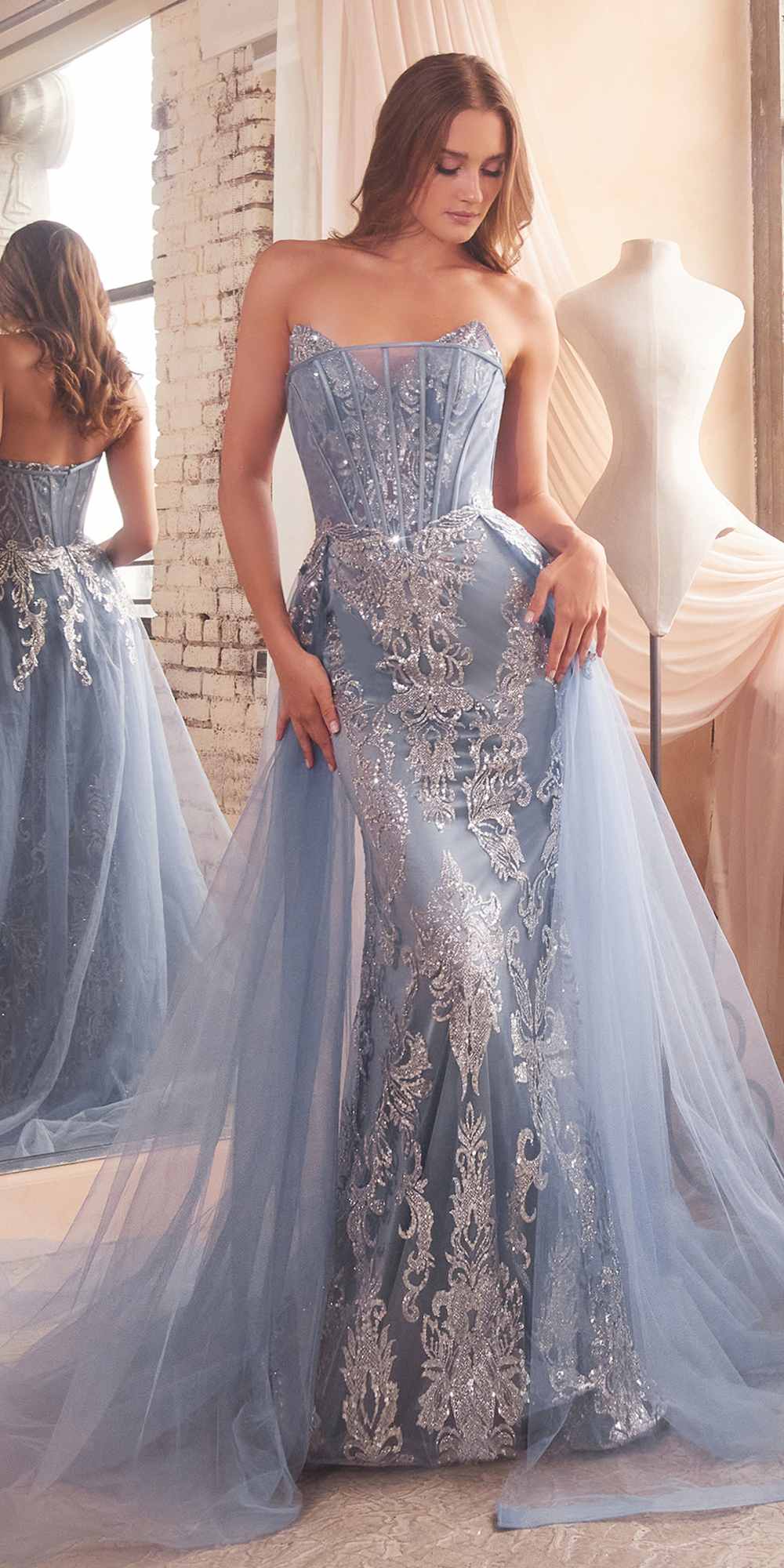 Cinderella Divine J858 Long Strapless Glitter Mermaid Gown Removable Tulle Skirt