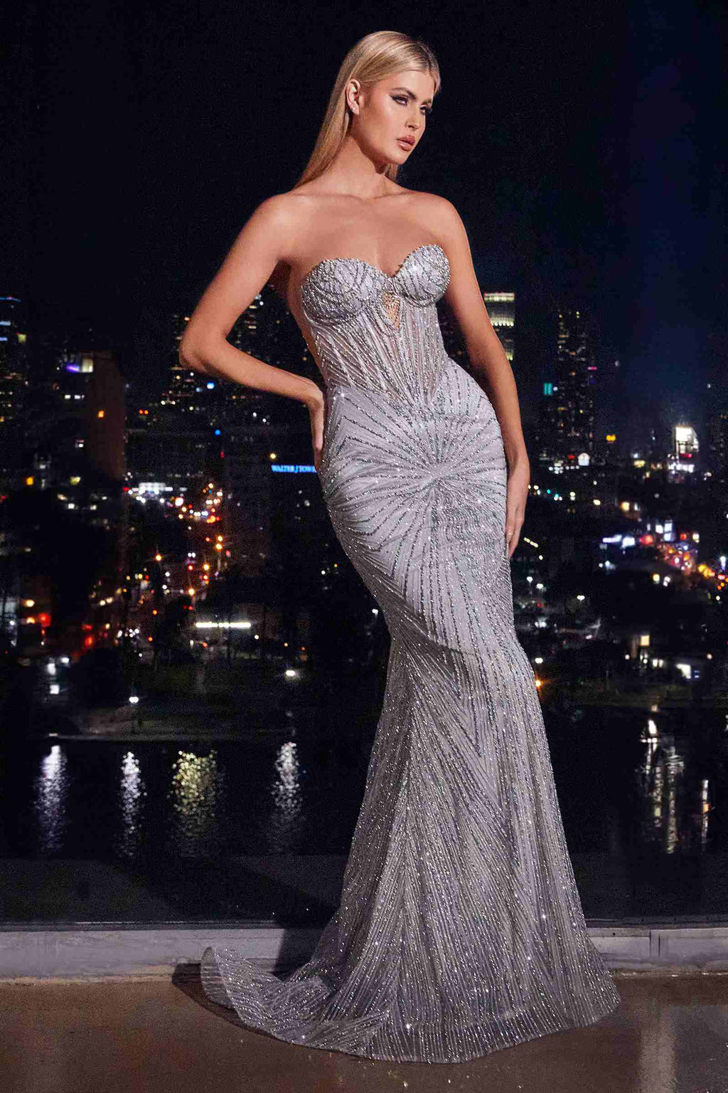 Ladivine J871 Long Sultry Fitted Strapless Embellished Prom Gown