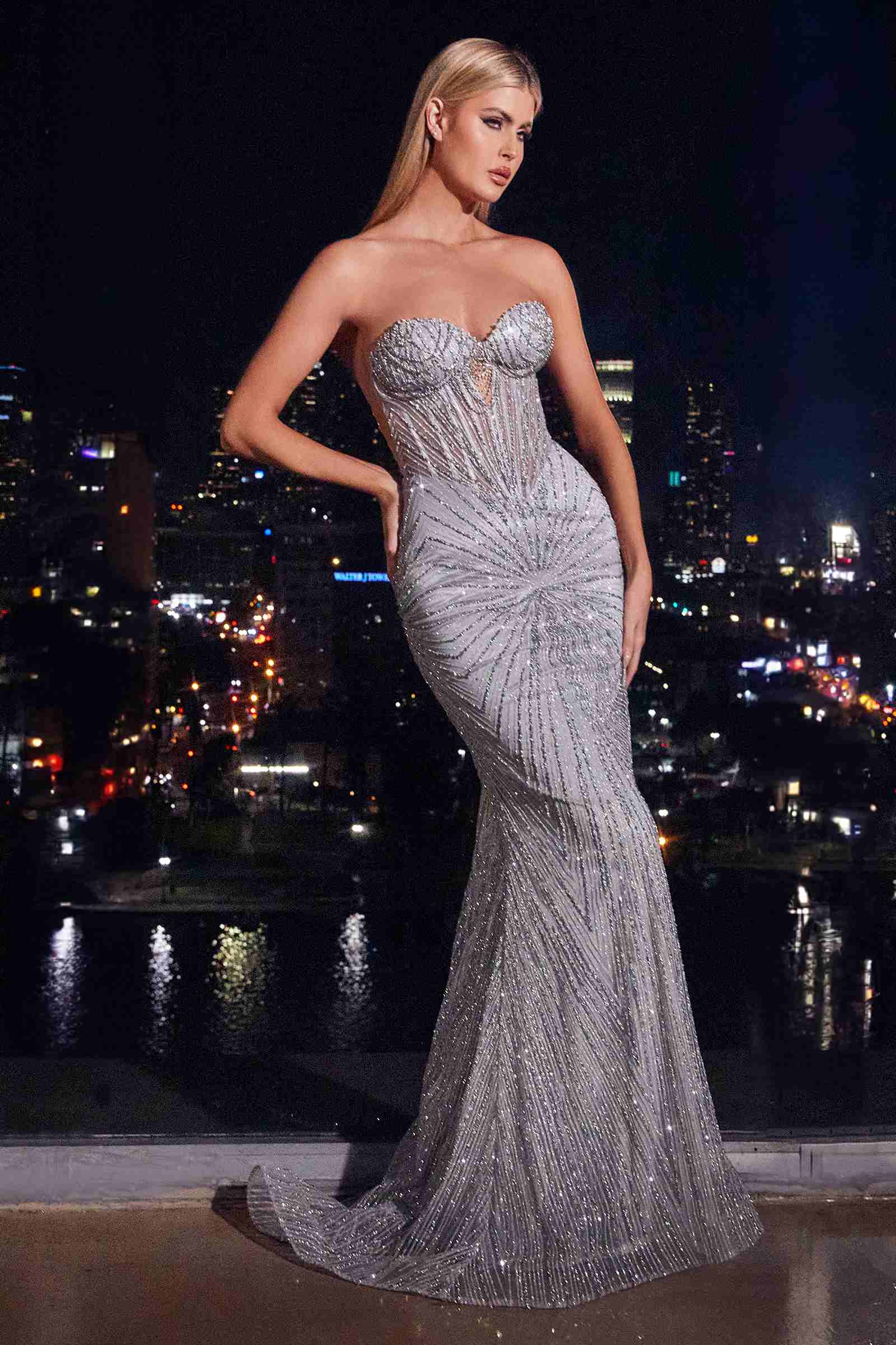 Ladivine J871 Long Sultry Fitted Strapless Embellished Prom Gown