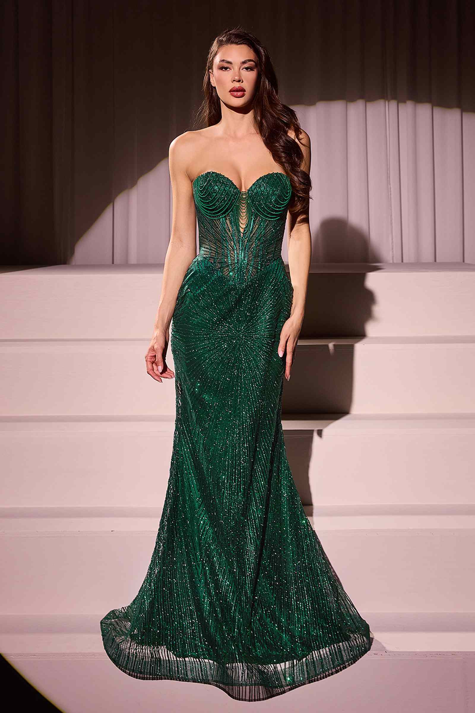 CLEARANCE - Ladivine J871 Long Sultry Fitted Strapless Gold Gown (Size 16)