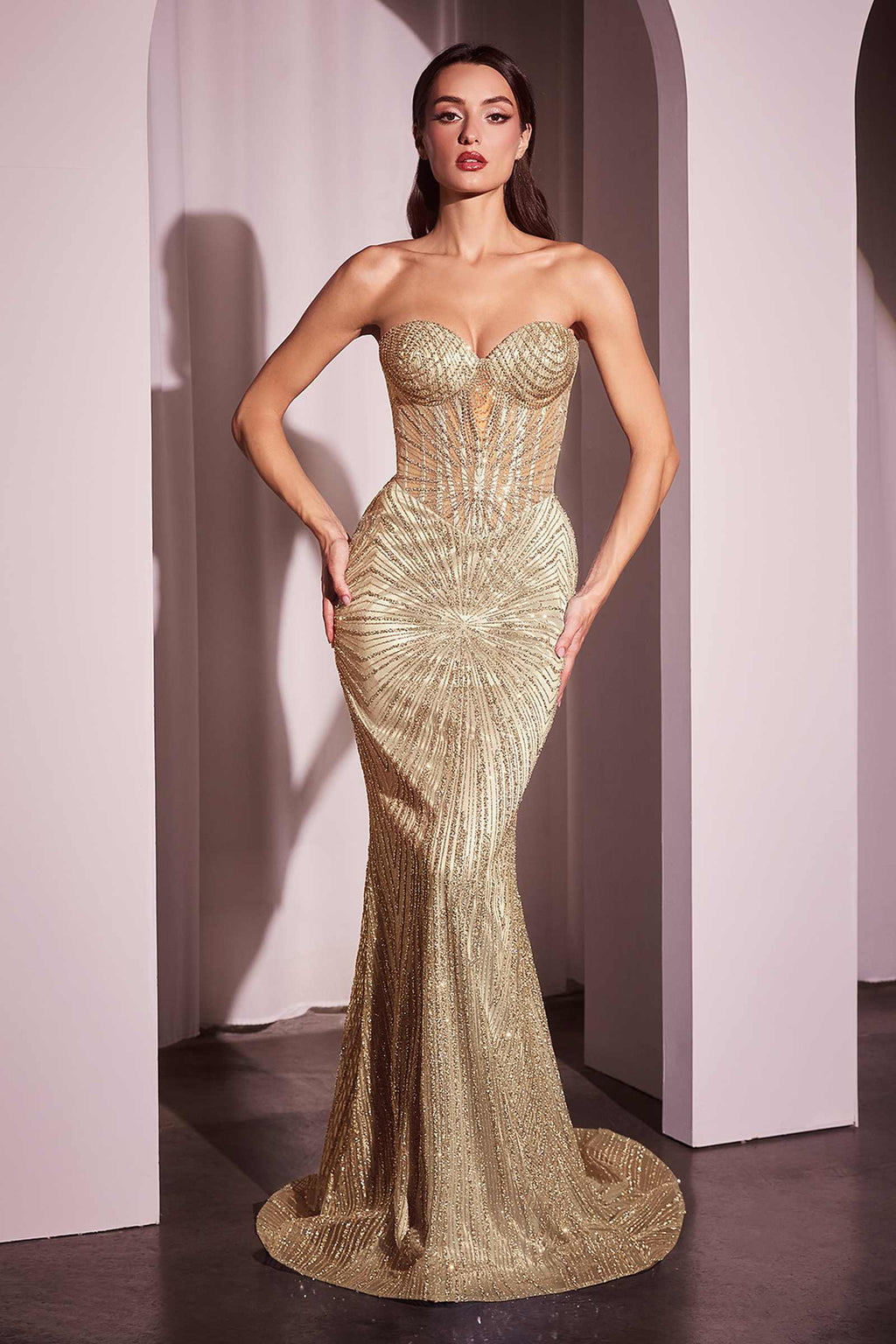 CLEARANCE - Ladivine J871 Long Sultry Fitted Strapless Gold Gown (Size 16)