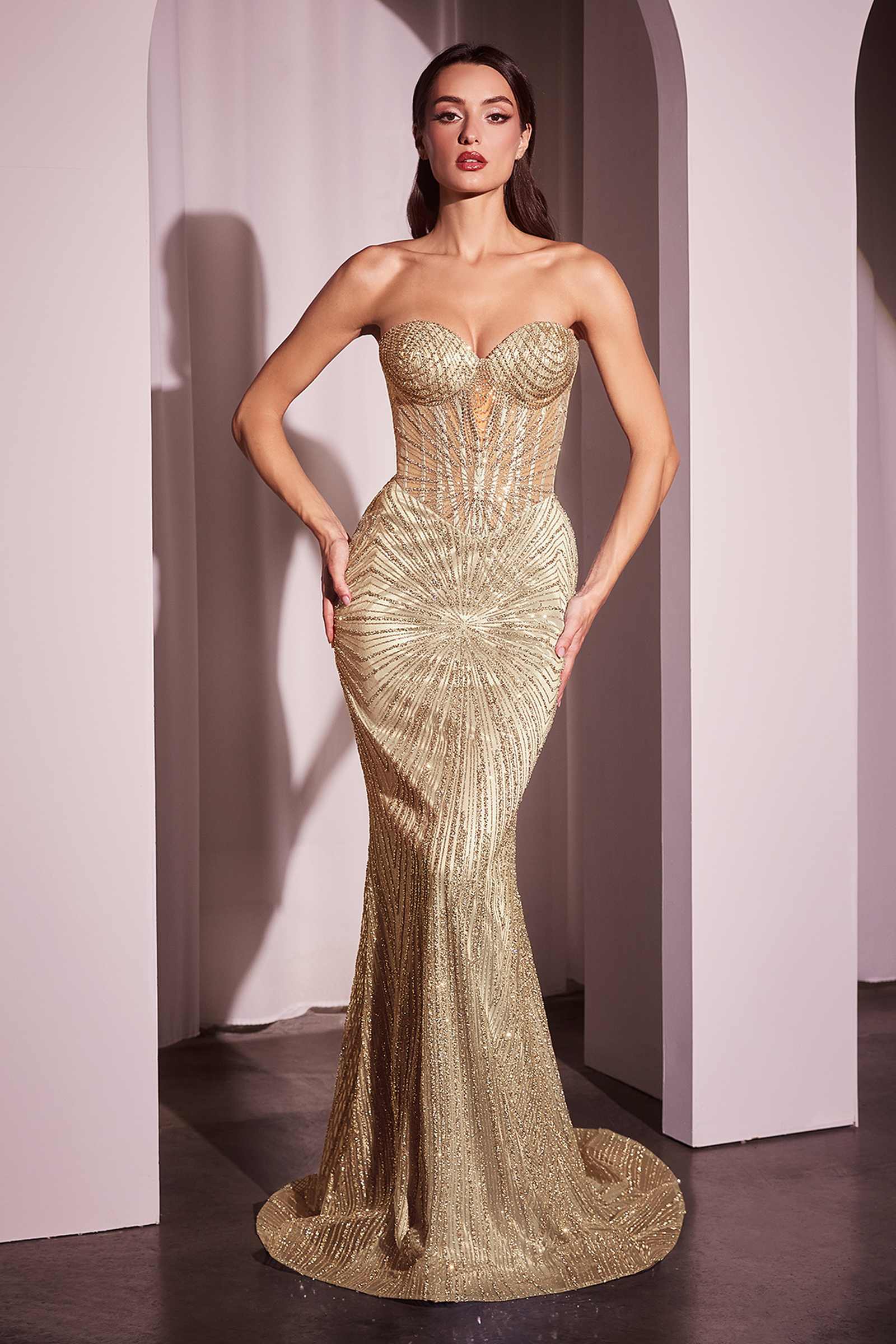 CLEARANCE - Ladivine J871 Long Sultry Fitted Strapless Gold Gown (Size 16)