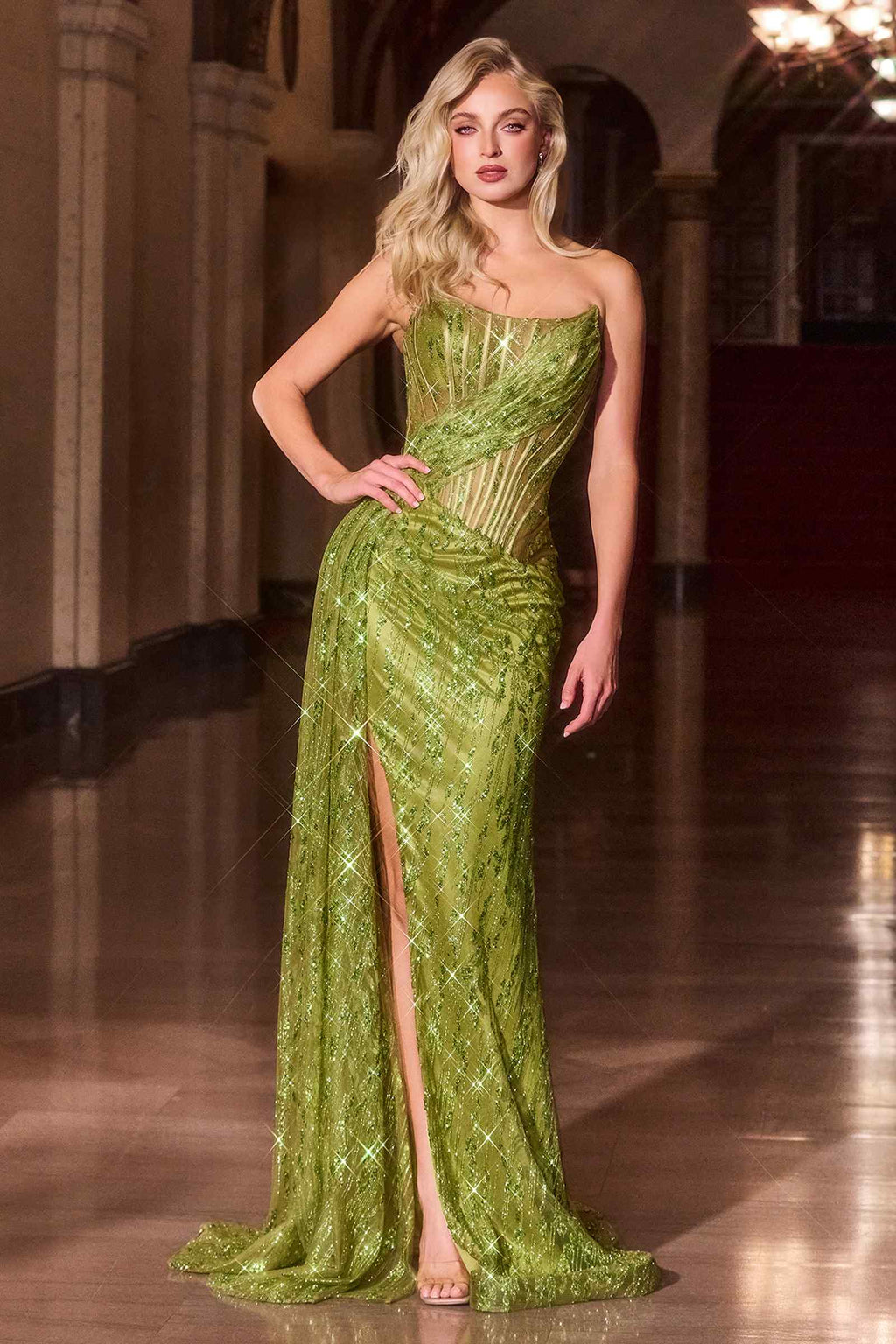 Ladivine J872 Long Strapless Glitter Embellished Leg Slit Evening Gown