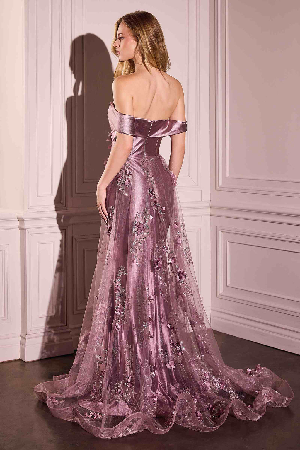 Ladivine J876 Dress Embellished Satin Fitted Gown With Tulle Overskirt