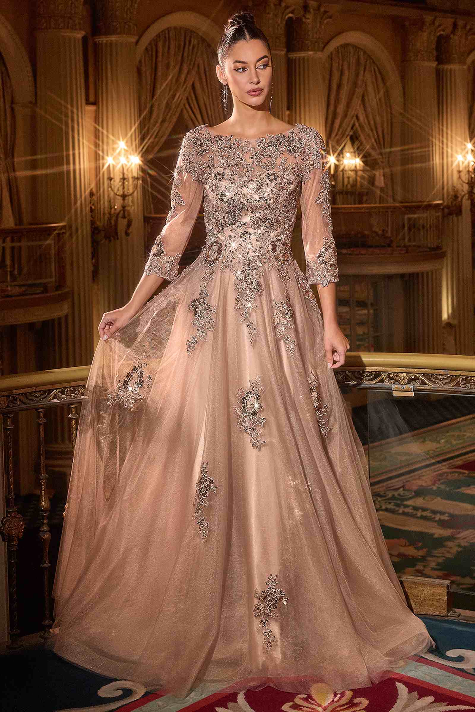 CLEARANCE - Ladivine J883 Mocha Gold A-Line Ball Gown (Size 16)
