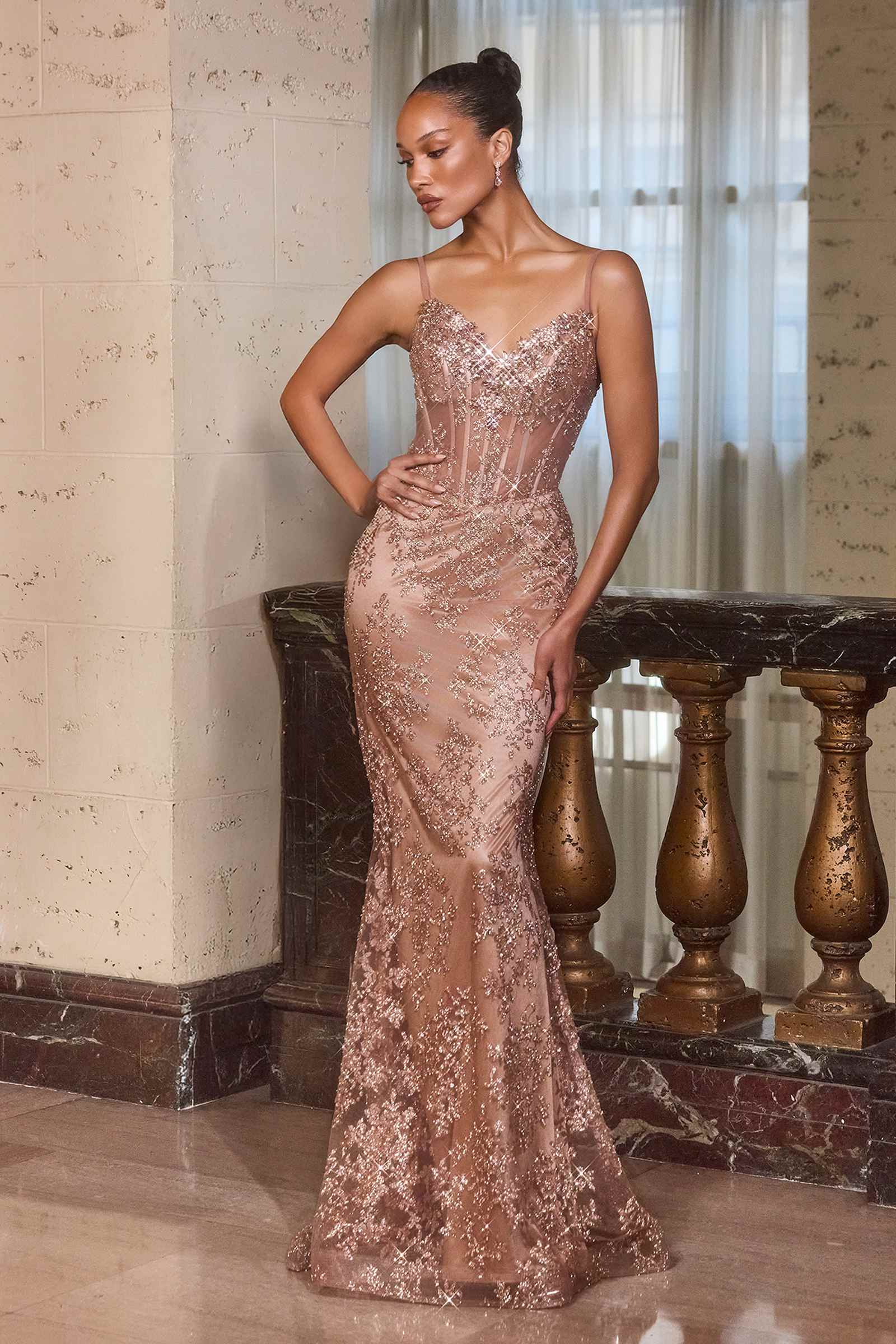 CLEARANCE - Ladivine J889 Hand Placed Applique Shimmering Sequin Fitted Gown (Size 10, 14)