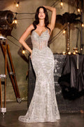 CLEARANCE - Ladivine J889 Hand Placed Applique Shimmering Sequin Fitted Gown (Size 10, 14)