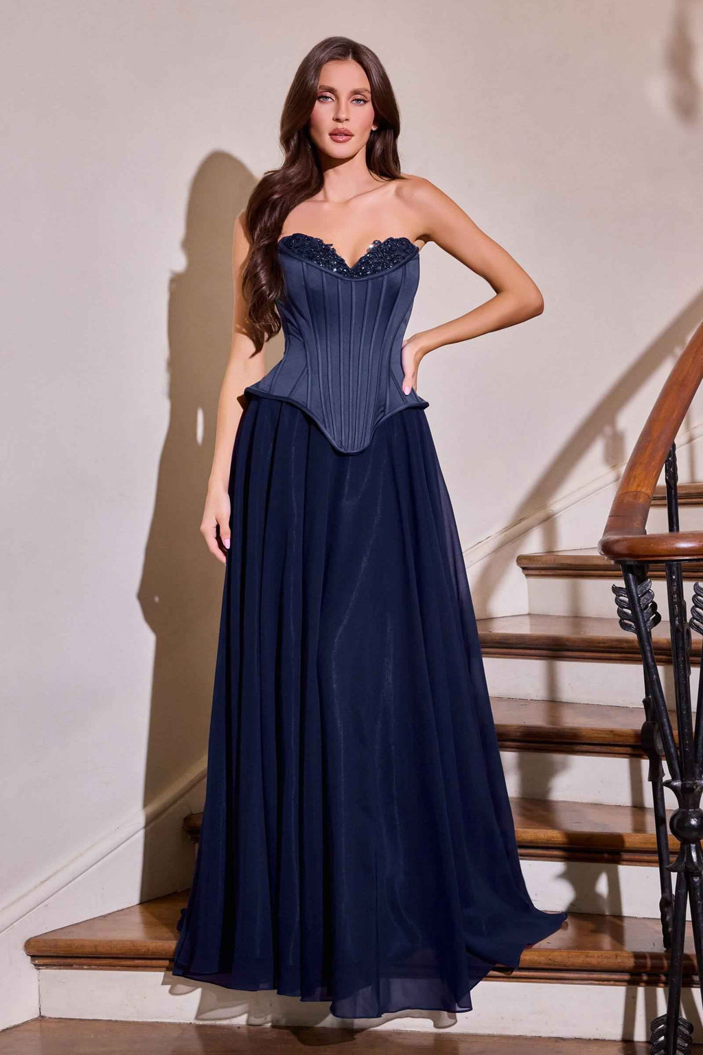 CLEARANCE - Ladivine J891 Fitted Corset Bodice Chiffon Skirt Navy Blue Gown (Size 12)