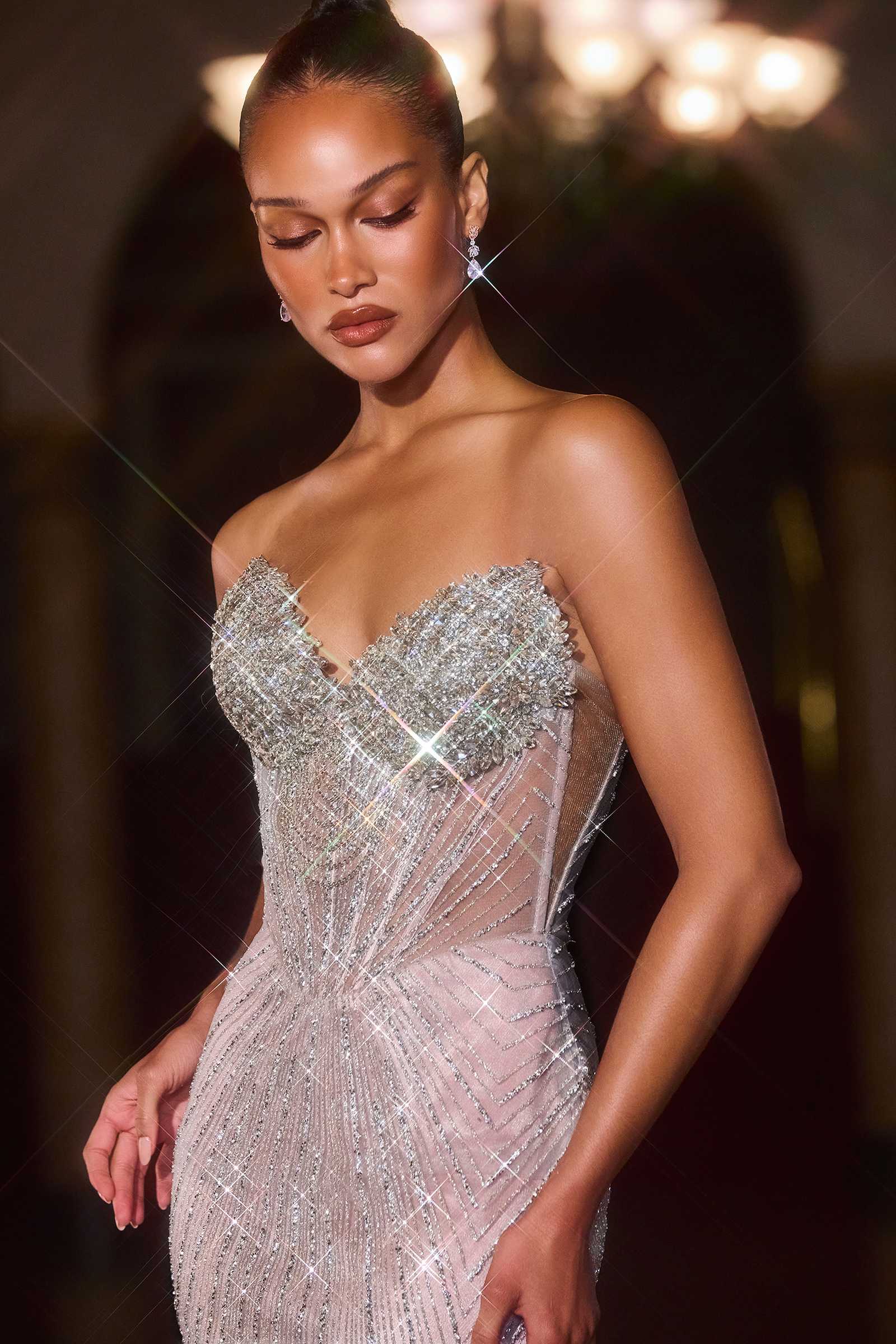 Ladivine J903 Lavish Crystal Encrusted Sheer Corset Bodice Fitted Gown