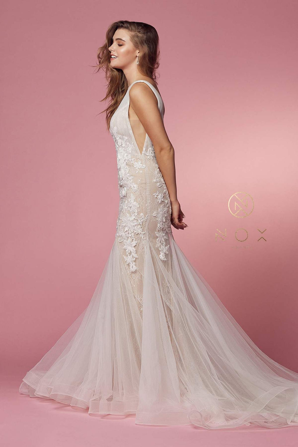 Nox Anabel JE917 V-Neck Mermaid Dress Lace and Tulle Skirt
