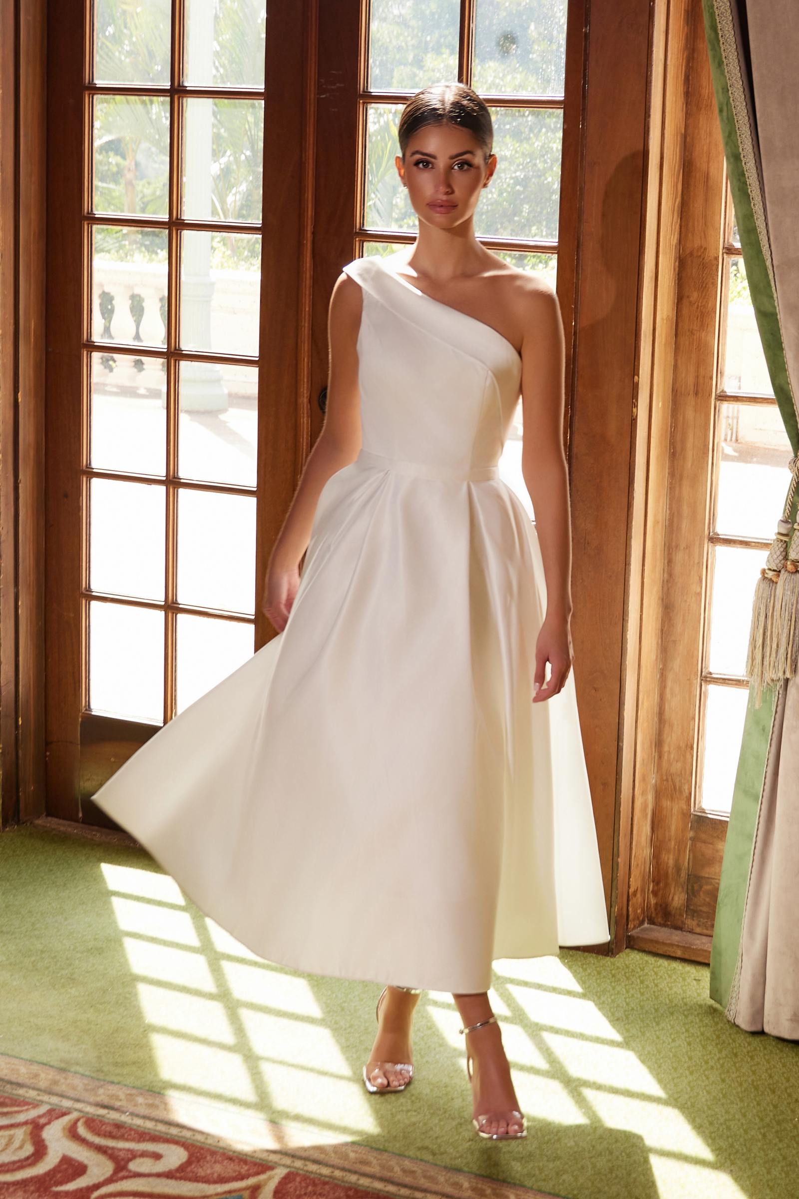 Nox Anabel JE931 One Shoulder Satin Tea Length Gown