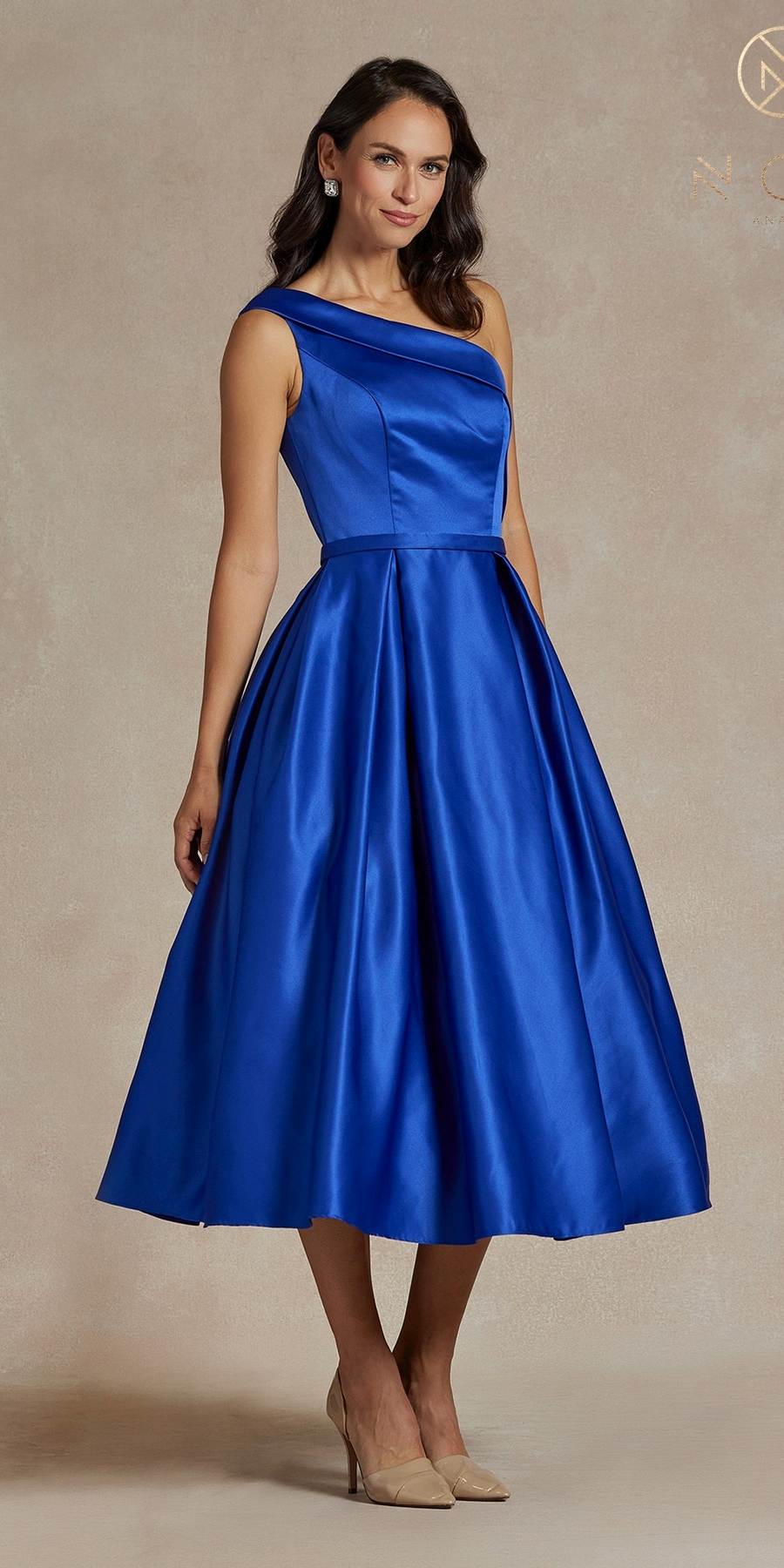 Nox Anabel JE931 One Shoulder Satin Tea Length Gown