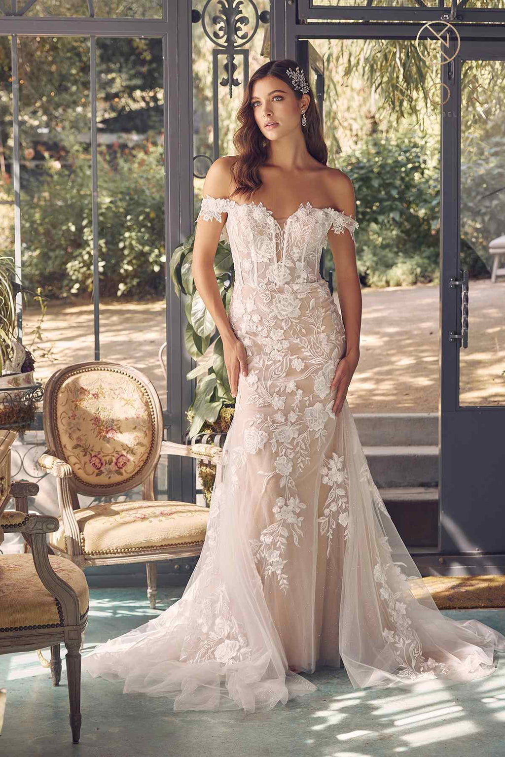 Nox Anabel JE974 Long Off Shoulder Fitted Embroidered Wedding Gown