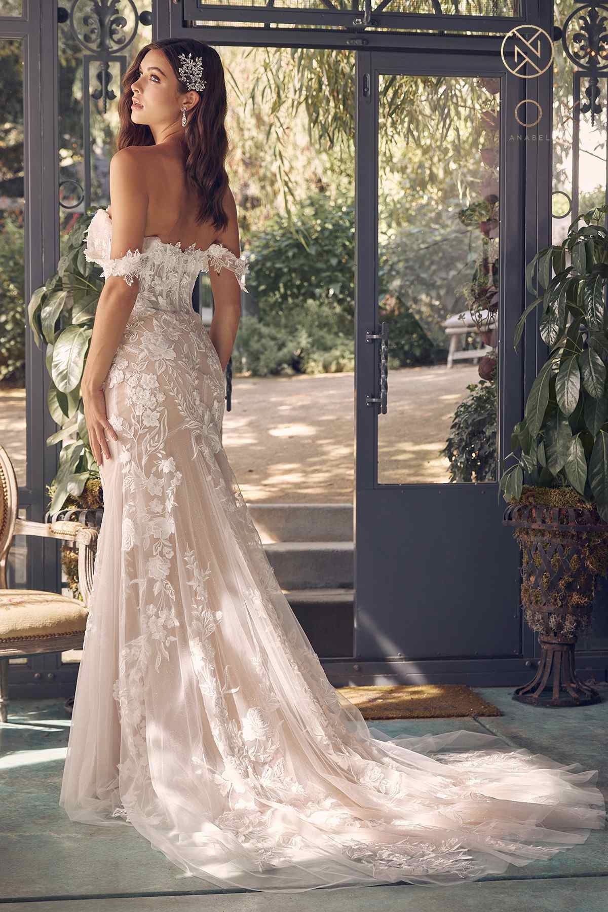 Nox Anabel JE974 Long Off Shoulder Fitted Embroidered Wedding Gown