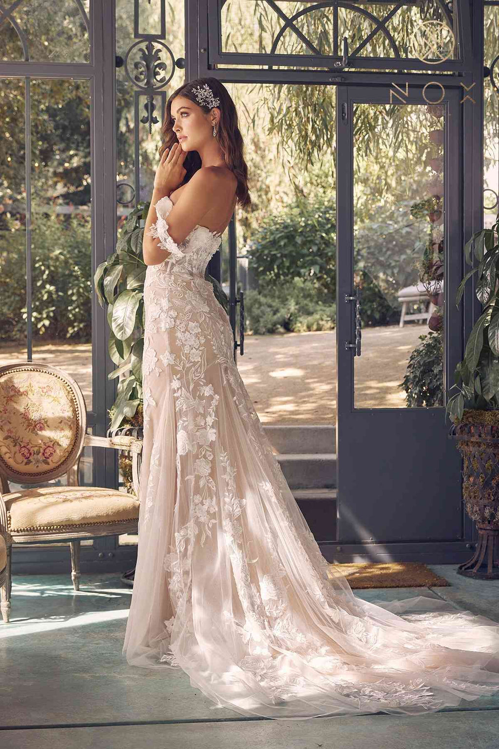 Nox Anabel JE974 Long Off Shoulder Fitted Embroidered Wedding Gown