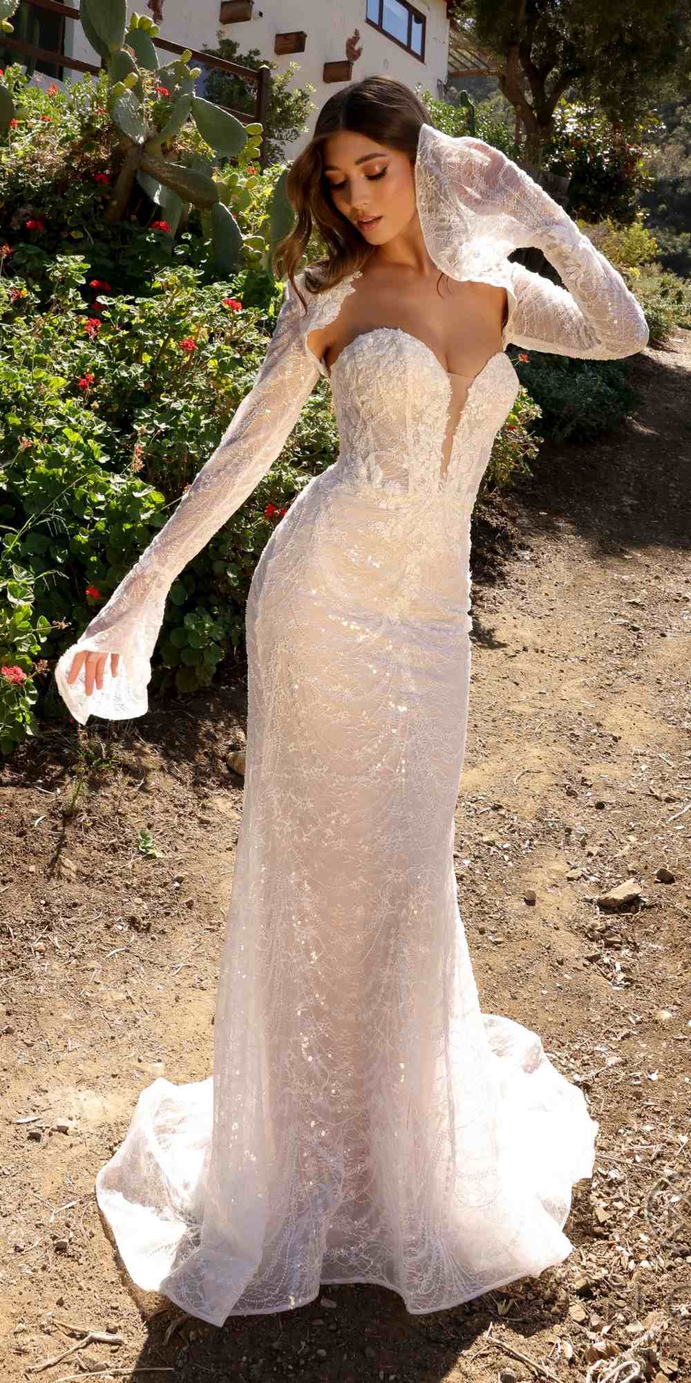 Nox Anabel JE994L Fitted Beaded Lace Long Sleeve Bridal Gown