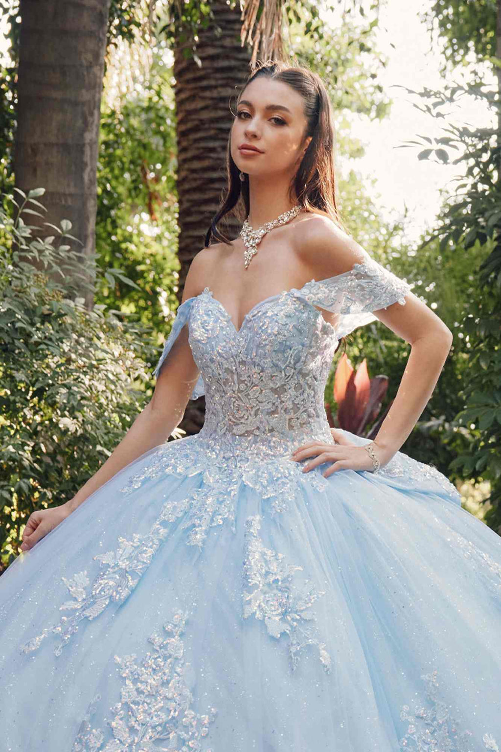 Juliet JT1458J Off the Shoulder Draped Sleeve Cathedral Train Quince Dress