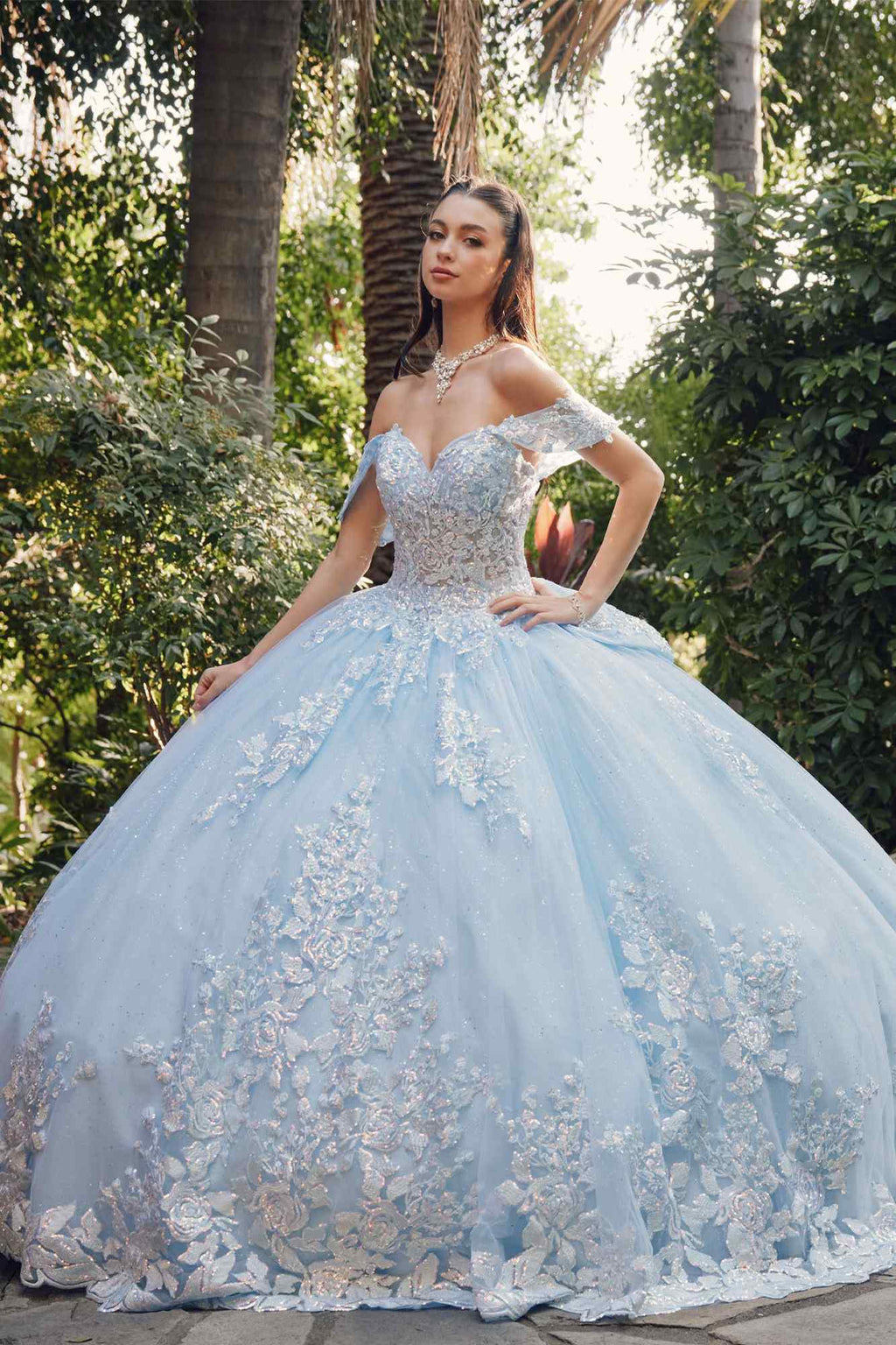 Juliet JT1458J Off the Shoulder Draped Sleeve Cathedral Train Quince Dress