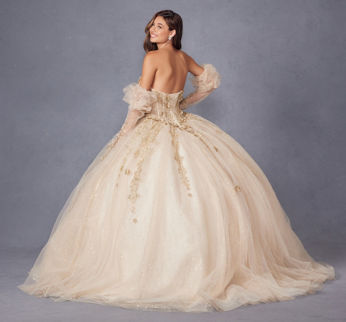 Juliet JT1465H Dress 3d Flowers Applique Puff Sleeve Quinceanera Dress