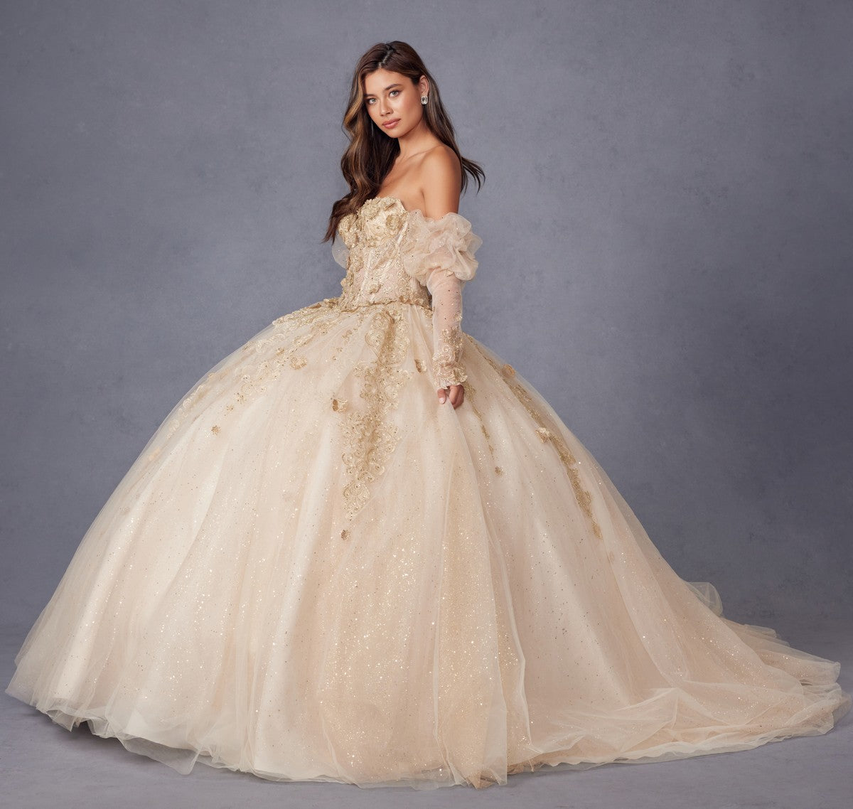 Juliet JT1465H Dress 3d Flowers Applique Puff Sleeve Quinceanera Dress