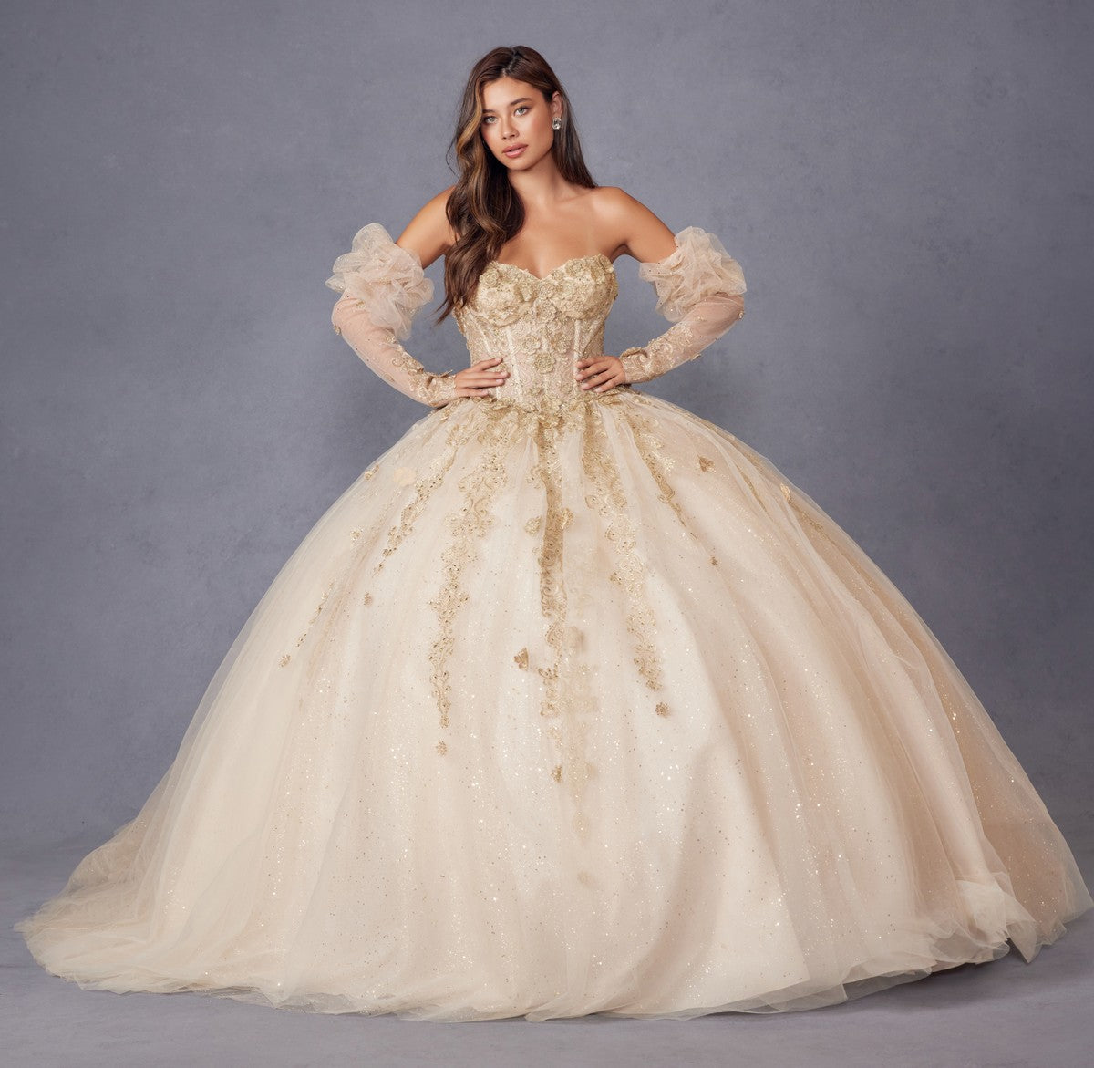 Juliet JT1465H Dress 3d Flowers Applique Puff Sleeve Quinceanera Dress