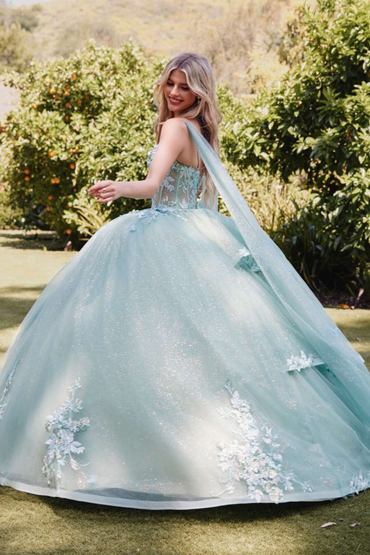 Juliet JT1466H Dress 3D Multi Floral Applique Cape Sleeve Quinceanera Gown